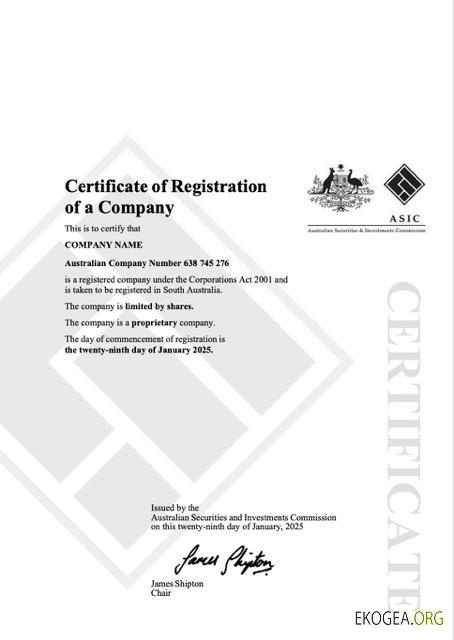 Modèle Word et PDF de certificat d'enregistrement de société en Australie, version 2